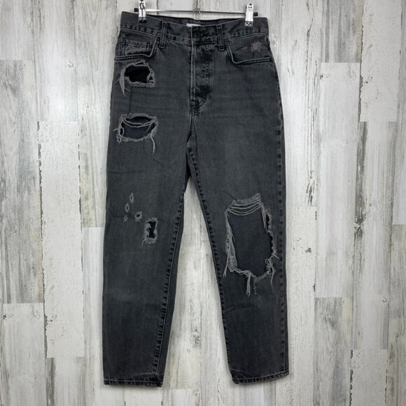 Forever 21 denim mom black 27 distressed trashed wrecked high rise grunge punk - Picture 1 of 7